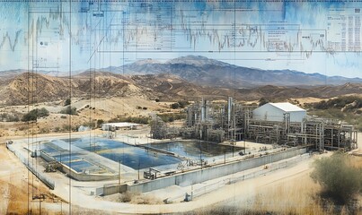 Wall Mural - Industrial facility with water pools and machinery set against a mountainous backdrop.