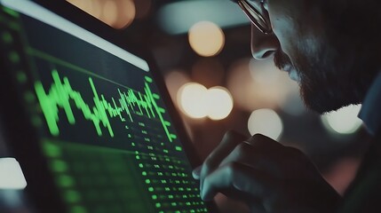 Poster - A person analyzing data on a screen with green graphs and digital elements in a dimly lit setting.