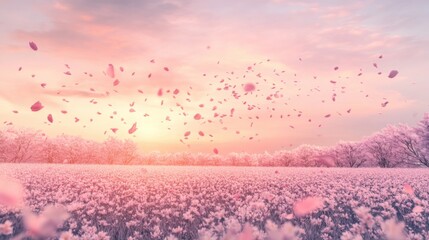 Poster - A breathtaking view of a vast field of cherry blossoms in full bloom, with petals gently falling in the breeze under a soft pink sunset sky, Cherry blossom field scene