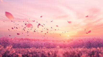 Poster - A breathtaking view of a vast field of cherry blossoms in full bloom, with petals gently falling in the breeze under a soft pink sunset sky, Cherry blossom field scene