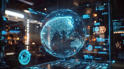 Poster - A glowing digital globe hovers over a futuristic computer interface, surrounded by screens with data visualizations.