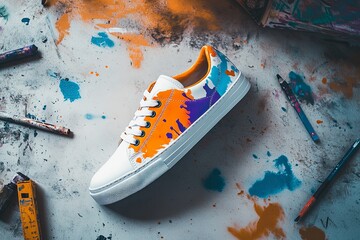 Poster - A creative pair of sneakers with vibrant paint splashes resting on a textured surface surrounded by art supplies and tools. Generative AI