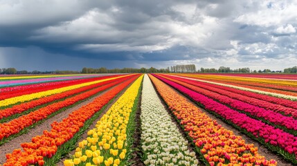 Poster - A breathtaking view of the vibrant tulip fields in the Netherlands, with rows of colorful flowers stretching to the horizon under a dramatic sky, Tulip fields scene