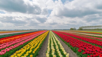 Poster - A breathtaking view of the vibrant tulip fields in the Netherlands, with rows of colorful flowers stretching to the horizon under a dramatic sky, Tulip fields scene