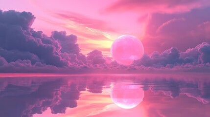 Wall Mural - surreal cosmic landscape with pink cloudscape and glowing planet over reflective water at sunset, fa