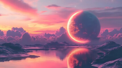 Wall Mural - a large, glowing planet hangs above a still lake, casting a pink glow on the snowy mountains and clo