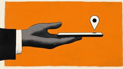 Poster - Hand Holding Smartphone with Location Pin on Orange Background, Symbolizing Modern Technology and Navigation Concept for Digital Connectivity and Travel