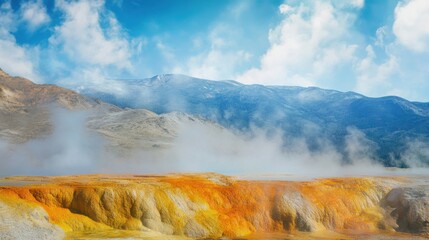 Poster - A captivating view of a colorful hot spring with vibrant mineral deposits and steam rising against a mountainous backdrop, Hot spring scene, Surreal style