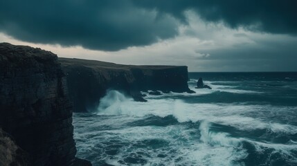 Aufkleber - A captivating view of a rugged coastline with dramatic cliffs and crashing waves under a stormy sky, Coastal cliffs scene, Dramatic style