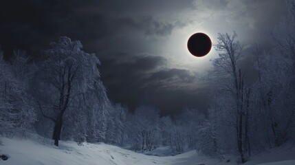 Poster - A captivating view of a total eclipse of the sun seen from a snow-covered forest, with the darkened sky creating an eerie yet beautiful scene, Forest scene