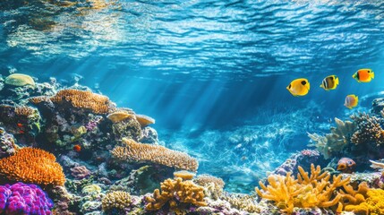 Poster - A captivating view of a vibrant coral reef teeming with marine life, with colorful fish swimming among the corals under crystal-clear waters, Coral reef scene