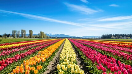 Poster - A captivating view of a vibrant tulip field in full bloom under a clear blue sky, with rows of colorful flowers stretching to the horizon, Tulip field scene