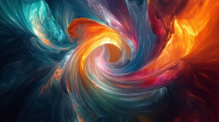 Wall Mural - abstract swirling pattern in blue, orange, and red hues with a white center.