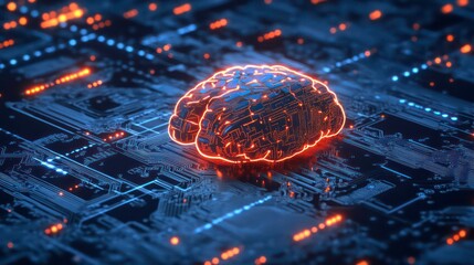 Poster - A glowing red brain sits on a circuit board, representing the power of artificial intelligence.