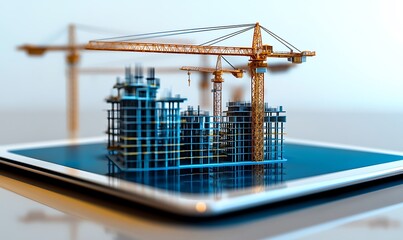 Poster - a digital representation of a construction site on a tablet, showcasing modern building techniques.
