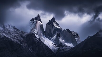 Poster - A dramatic capture of the jagged peaks and remote beauty of Patagonia鈥檚 Torres del Paine, with dramatic clouds swirling around the mountains at dawn, Torres del Paine scene