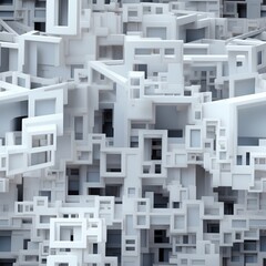 Poster - The artwork features a complex arrangement of interconnected geometric shapes in varying sizes, creating a layered, three-dimensional visual effect dominated by white tones.