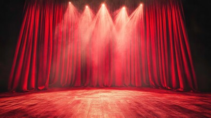 Wall Mural - red velvet stage curtains with spotlights and smoke. (1)