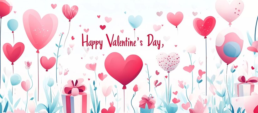 Happy Valentine's Day banner template design with symbols of hearts, balloons, and gift boxes in a paper-cut style, isolated on a white background with the text 