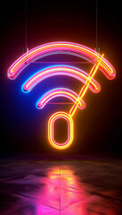 Poster - A vibrant representation of a Wi-Fi symbol illuminated in neon colors, including pink, blue, and yellow, hanging against a dark background.