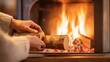 © Mnt - A cozy scene of a person adding logs to a warm fireplace.