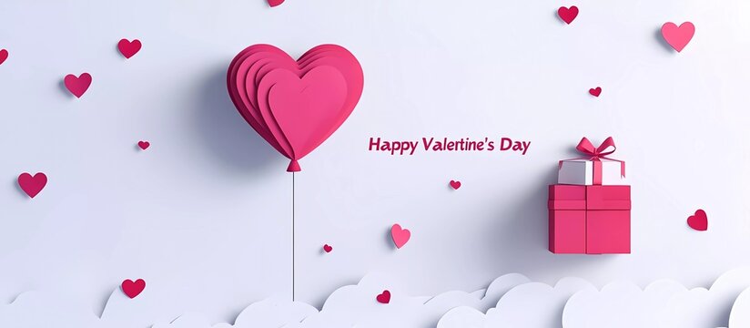 Vector banner design template for Happy Valentine's Day with heart-shaped balloon flying in the sky and a gift box, in a paper-cut style on a white background with the text 