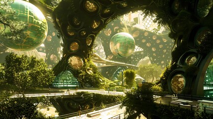 Canvas Print - A futuristic, organic architectural space filled with greenery and large, spherical structures.