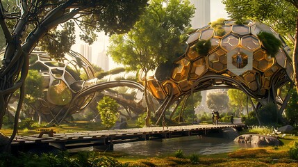 Canvas Print - A futuristic landscape featuring organic architecture intertwined with nature.