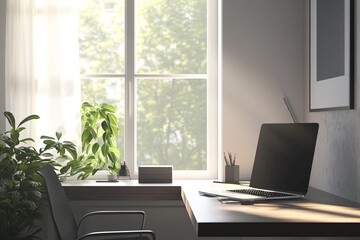 Poster - Bright workspace with plants and a computer creating a calming atmosphere during the day. Generative AI