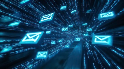 Poster - Numerous digital email icons represented in blue holographic form, hurtling through a virtual space