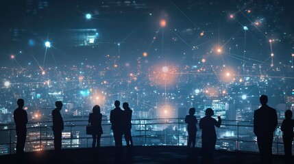 Poster - Silhouettes of people standing on a rooftop overlooking a city at night with glowing lines and dots connecting them, symbolizing network and connection.