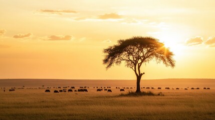 Poster - A majestic view of a vast savannah at sunrise, with a lone acacia tree silhouetted against a golden sky and herds of animals grazing in the distance, Savannah sunrise scene