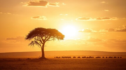 Poster - A majestic view of a vast savannah at sunrise, with a lone acacia tree silhouetted against a golden sky and herds of animals grazing in the distance, Savannah sunrise scene