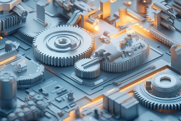 Poster - Detailed gears and machinery components in a futuristic design with glowing accents in a stylized setting. Generative AI