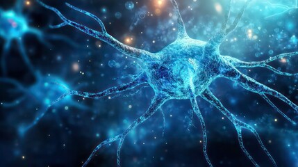 Poster - A detailed microscopic view of a neuron cell, showcasing its intricate structure and complex network of dendrites and axons.