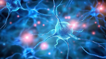 Poster - A microscopic view of a network of neurons with glowing synapses, showcasing the complex structure of the human brain.
