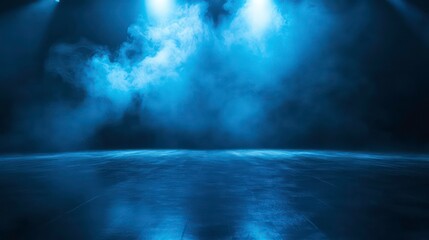 Wall Mural - Mysterious empty stage with dramatic blue lights and smoke, spotlight on the shiny floor, ready for performance or presentation in dark ambiance