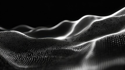 Poster - Abstract digital wave made up of tiny white dots on a black background.