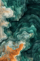 Poster - Rich green and orange hues blend in intricate, layered patterns creating a sense of depth and movement. The textures appear fluid and organic, evoking a natural landscape or mystical terrain.