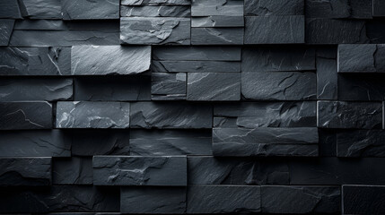 Poster - A modern interior showcases a textured black stone wall featuring various shapes and sizes of stone slabs, enhancing the aesthetic of the space with a contemporary touch.