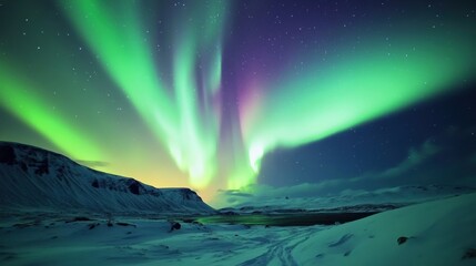 Poster - A mesmerizing view of the Northern Lights dancing over a snow-covered landscape, with vibrant green and purple hues illuminating the night sky, Northern Lights scene