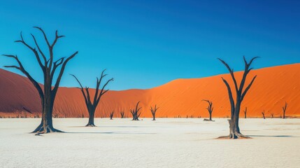 Poster - A mesmerizing view of the vibrant red dunes and the eerie dead tree skeletons of Deadvlei in Namibia, with a clear blue sky overhead, Deadvlei scene