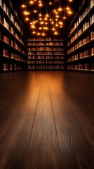 Poster - learning and education concepts, A dimly lit library with wooden flooring and shelves filled with books, illuminated by warm, glowing lights hanging from the ceiling.