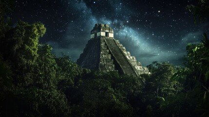 Poster - A mystical image of the ancient Mayan ruins of Tikal, Guatemala, amidst dense jungle foliage under a starry night sky