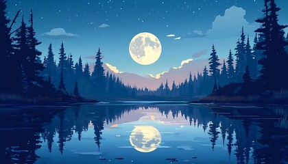 Sticker - A serene night landscape featuring a reflective lake, moon, and pine trees under a starry sky.