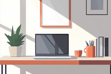Poster - Modern workspace with a laptop, potted plant, and colorful accessories in a bright setting during the daytime. Generative AI
