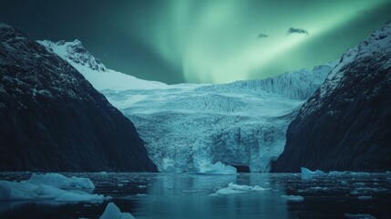 Poster - A panoramic view of a massive glacier calving into a fjord under the glow of the Aurora Borealis, Glacier scene, Aurora style