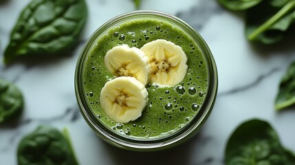 Wall Mural - A refreshing green smoothie topped with banana slices, surrounded by fresh spinach leaves, exuding a vibrant and healthy vibe.