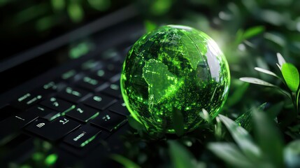 Poster - Green digital holographic globe on a black laptop keyboard with surrounding foliage, emphasizing digital nature integration