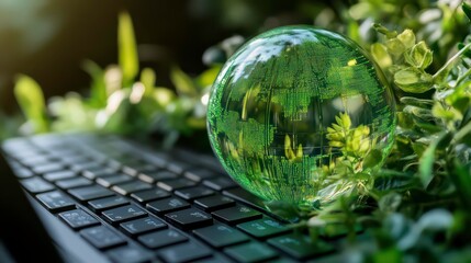 Poster - Green digital holographic globe on a black laptop keyboard with surrounding foliage, emphasizing digital nature integration